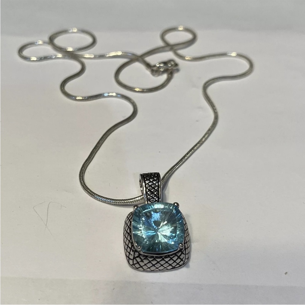 Sterling Silver Pendant With Large  Blue Topaz Stone 925 With Silver Tone Chain